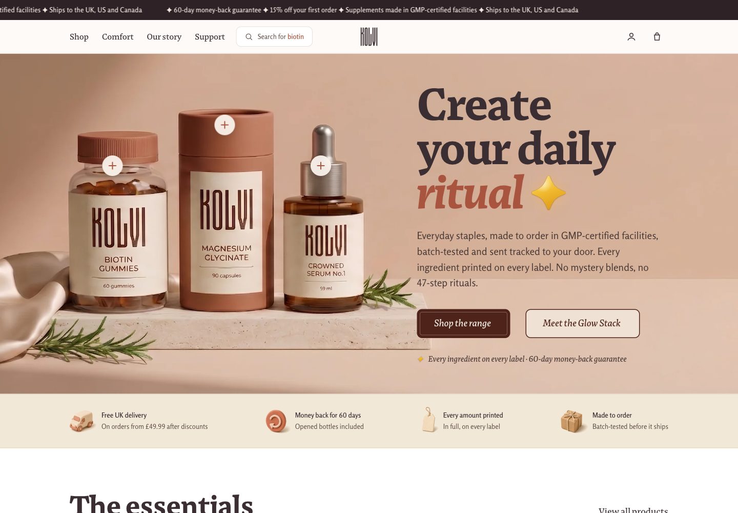 Kolvi storefront: the essentials shelf