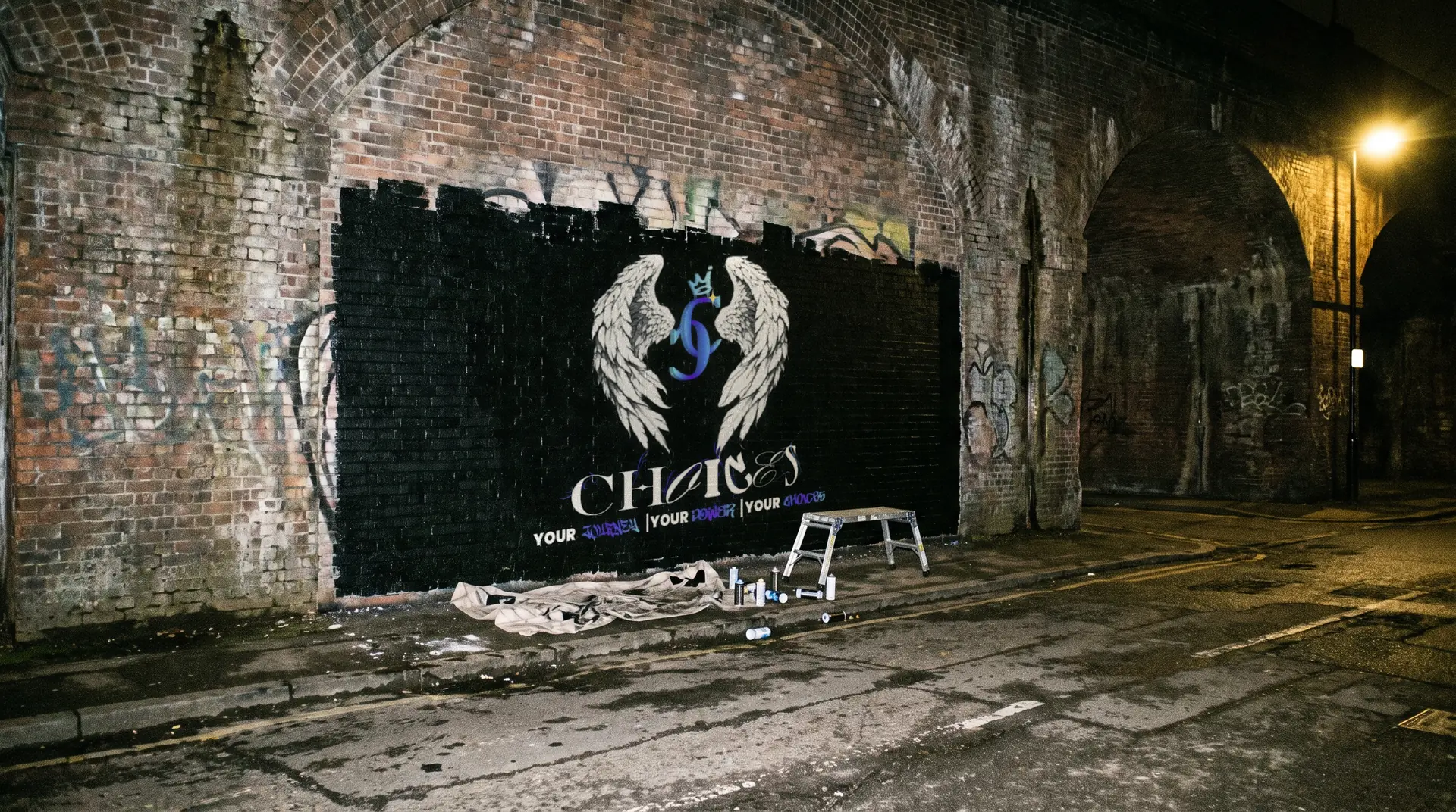 The CHOICES wings logo painted on a black wall under a London railway arch at night