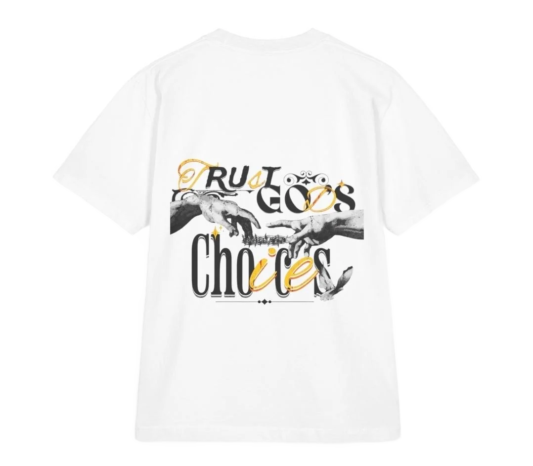 Creation tee, back: Creation of Adam hands with Trust God's Choices