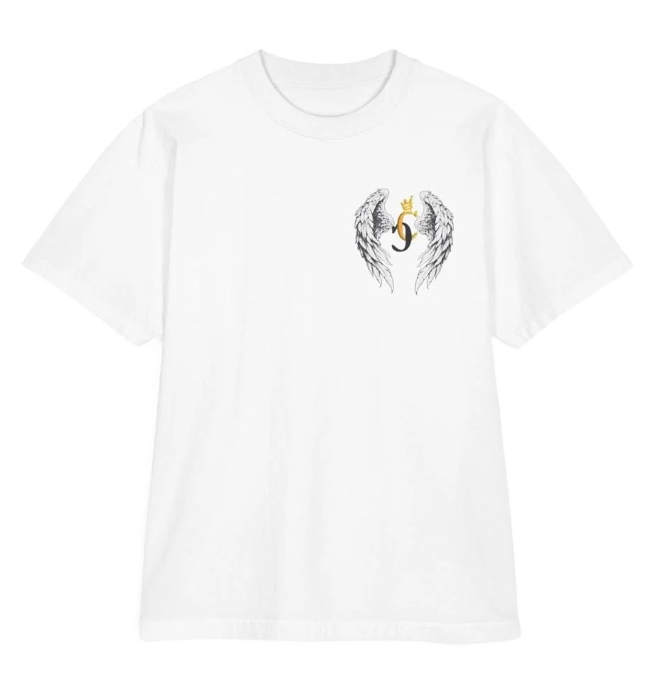 Creation tee, front: winged crowned monogram pocket print